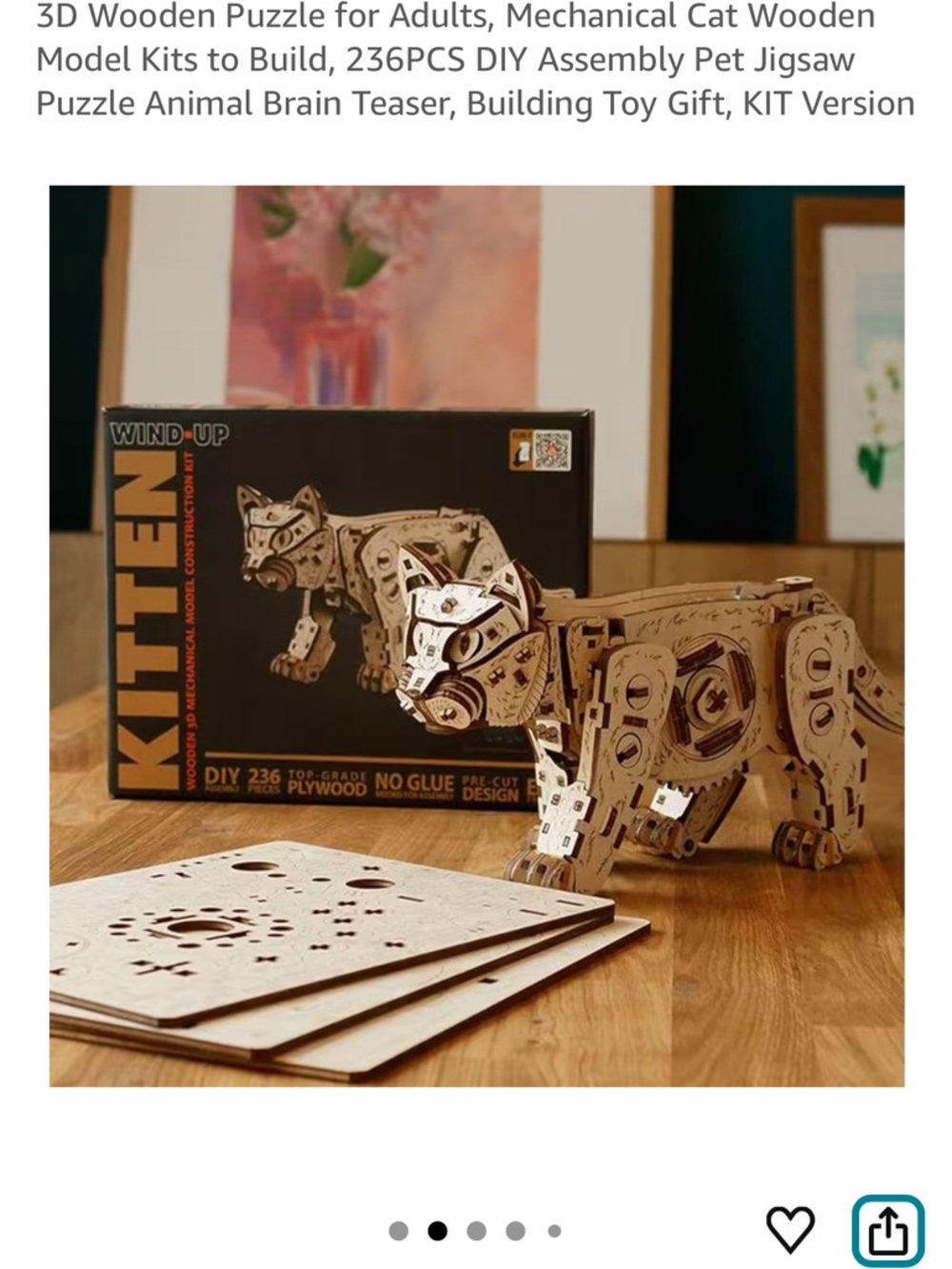 Wind-Up 3D Wooden Kitten Mechanical Puzzle - Natural Wood